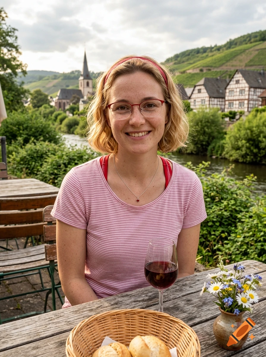 A smiling woman with blonde hair and glasses sits at an outdoor wooden table with a glass of red wine, a basket of bread rolls, and a small vase of wildflowers, with a scenic village and river in the background.