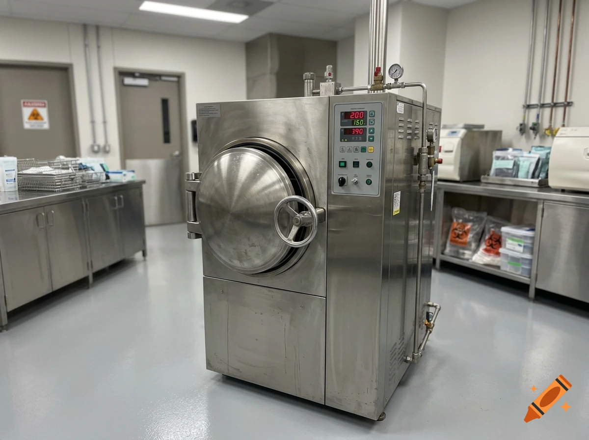 A large stainless steel industrial autoclave or sterilizer sits in a brightly lit laboratory or sterile processing room.
