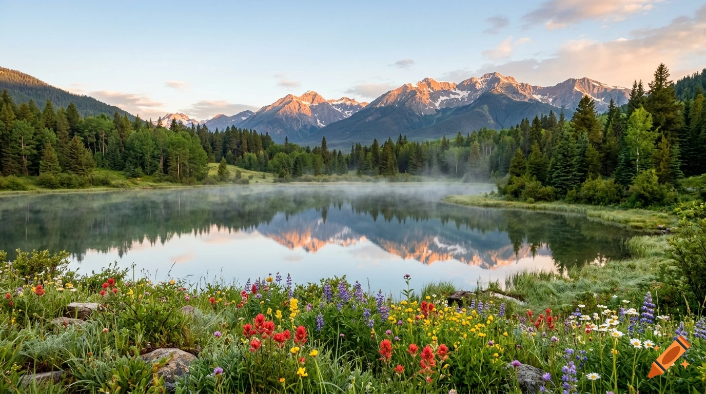 Photorealistic landscape of a calm lake reflecting snowy mountains, lush green forests, and colorful wildflowers at sunrise.