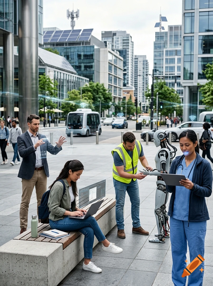 Photorealistic image of people interacting with futuristic technology, holographic displays, and a robot in a modern city.