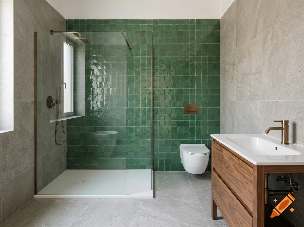 Modern bathroom interior featuring green square tiles, a walk-in glass shower, a wall-mounted toilet, and a wooden vanity with a white basin and brass fixtures.