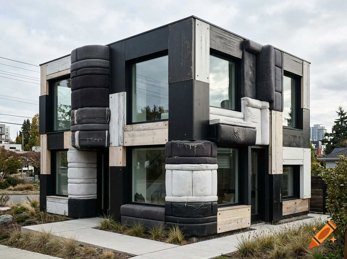 Modern architectural cubic house made from black and white upholstered furniture and wooden panels in a daylight setting.