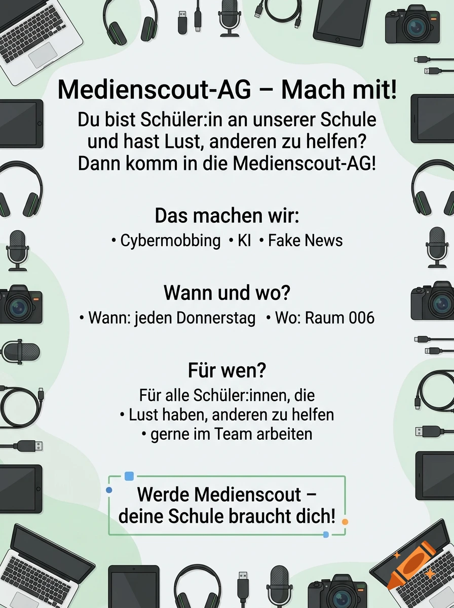 Digital flyer for Medienscout-AG with tech icons along the border on a light green background.