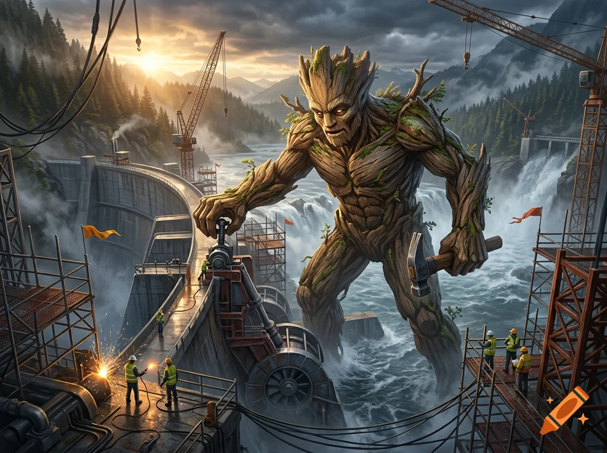 A giant tree creature like Groot assisting construction workers at a large hydroelectric dam with cranes and mountains in the background, digital art style.