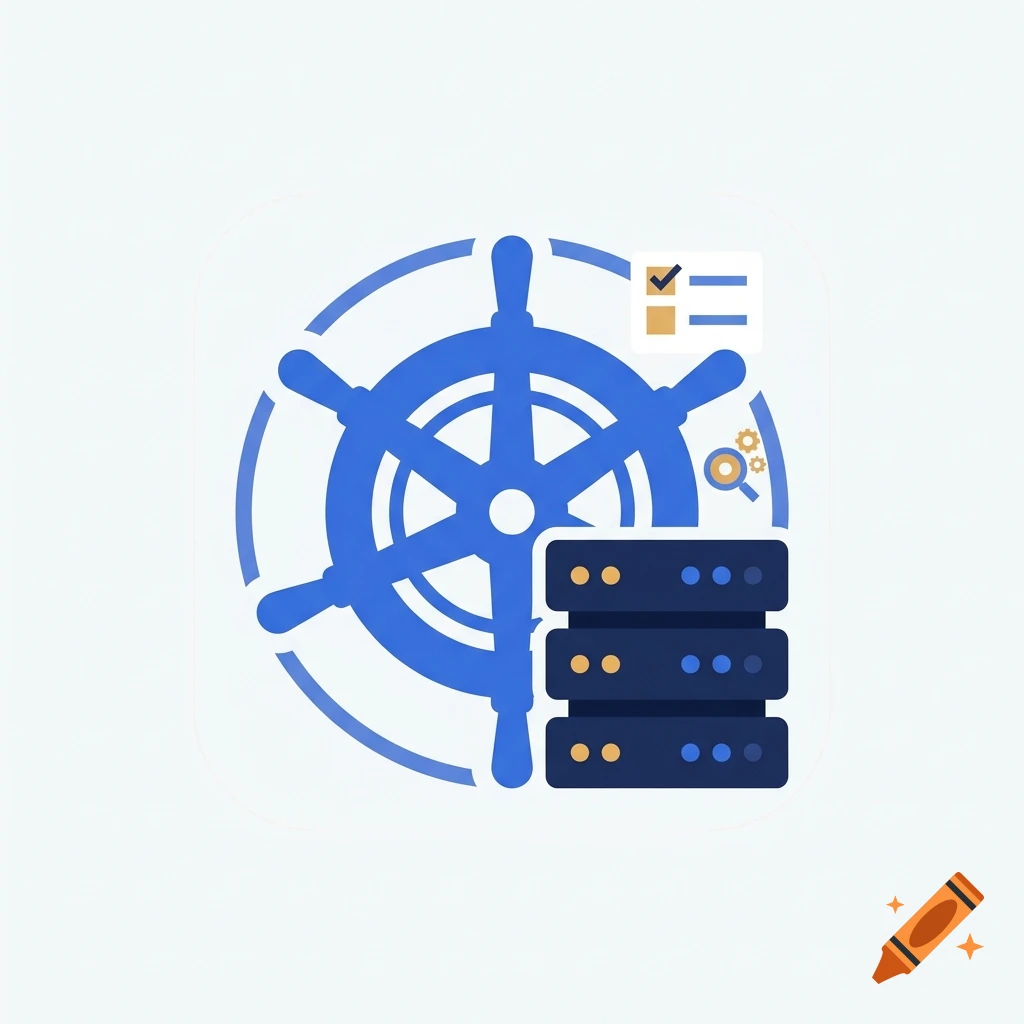 Kubernetes steering wheel helm icon with server racks and checklist in a flat vector style