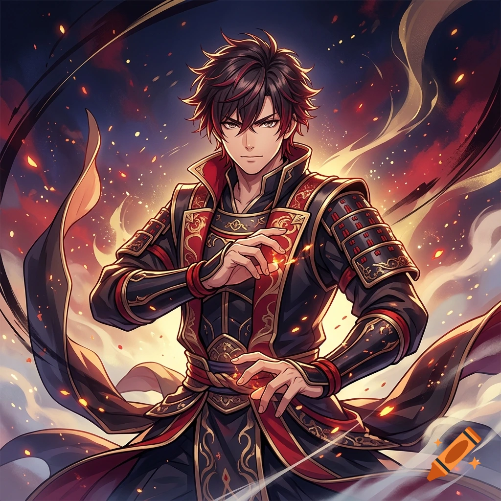 Anime style illustration of a male warrior with dark spiky hair and red accents in samurai armor against a fiery background.