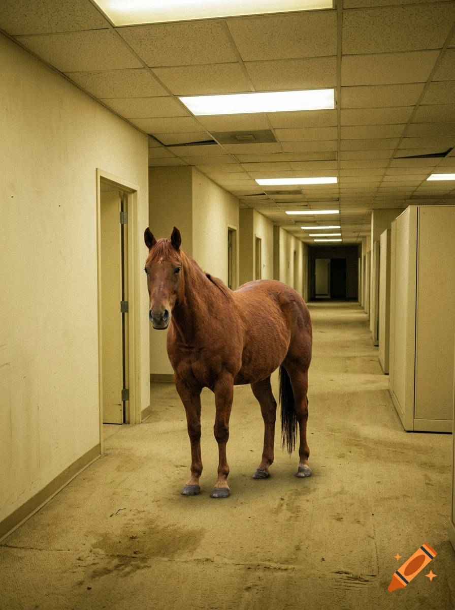 A brown horse standing in the middle of a long, monotonous office hallway with beige walls, carpeted floors, and a drop ceiling with fluorescent lights.