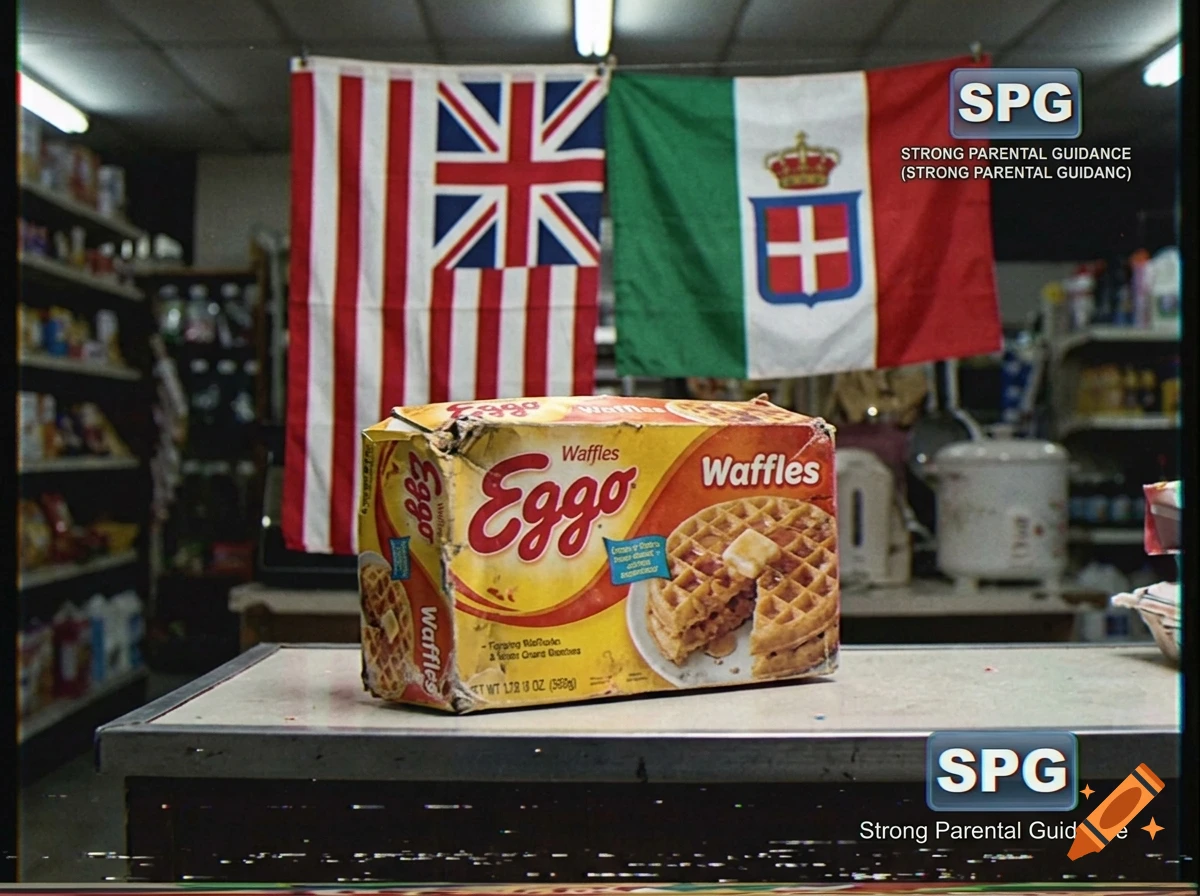 A damaged vintage box of Eggo waffles on a counter with flags hanging in the background, styled with VHS artifacts.