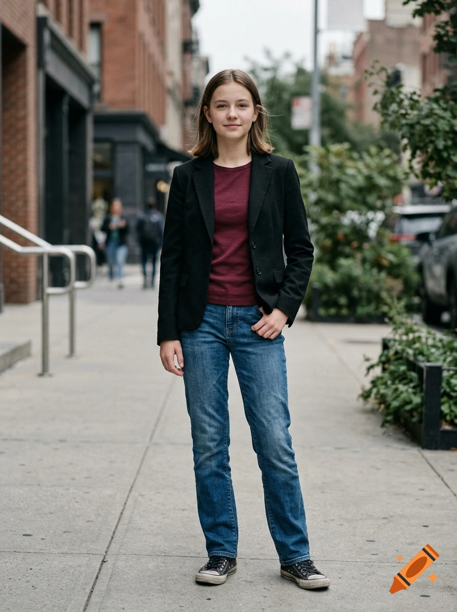 A young person with shoulder-length brown hair stands on a city sidewalk, wearing a dark blazer over a maroon shirt, blue jeans, and sneakers.