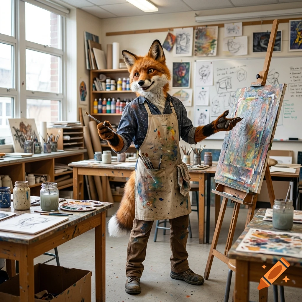 An anthropomorphic red fox art teacher in an apron stands in a bright art studio holding a paintbrush in front of an easel.