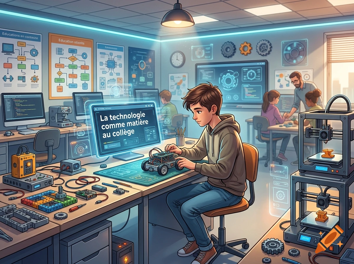 A student in a technology classroom works on building a small robotic vehicle, surrounded by computers, 3D printers, and educational charts.