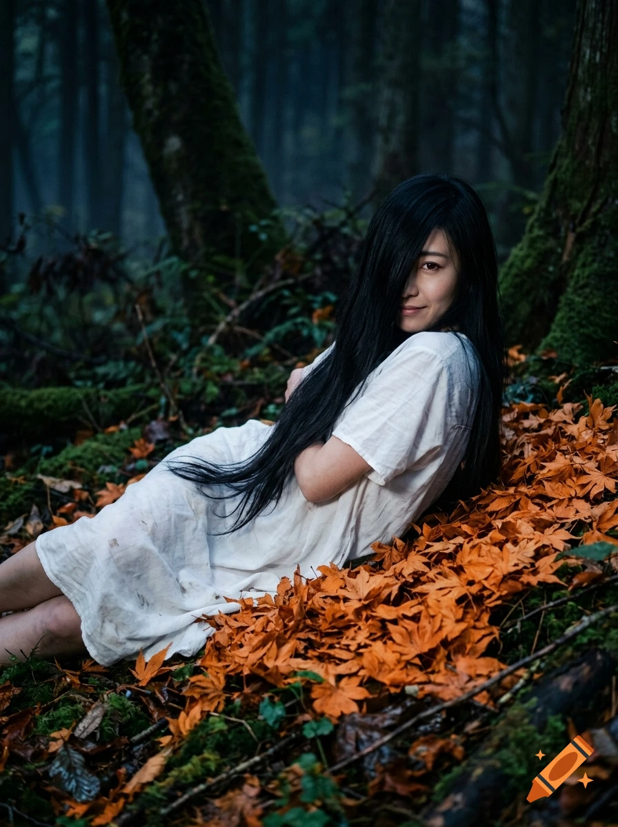 A Japanese ghost woman with long black hair covering one eye, wearing a white dress, lying in a pile of orange leaves in a dark forest.