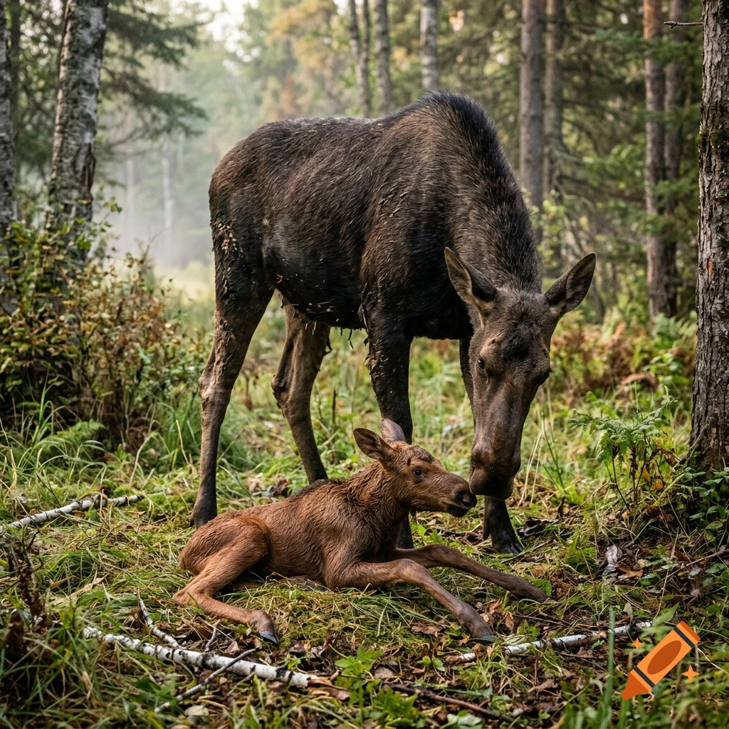 Photorealistic image of a mother moose standing next to a newborn calf lying on the forest floor among grass and twigs.