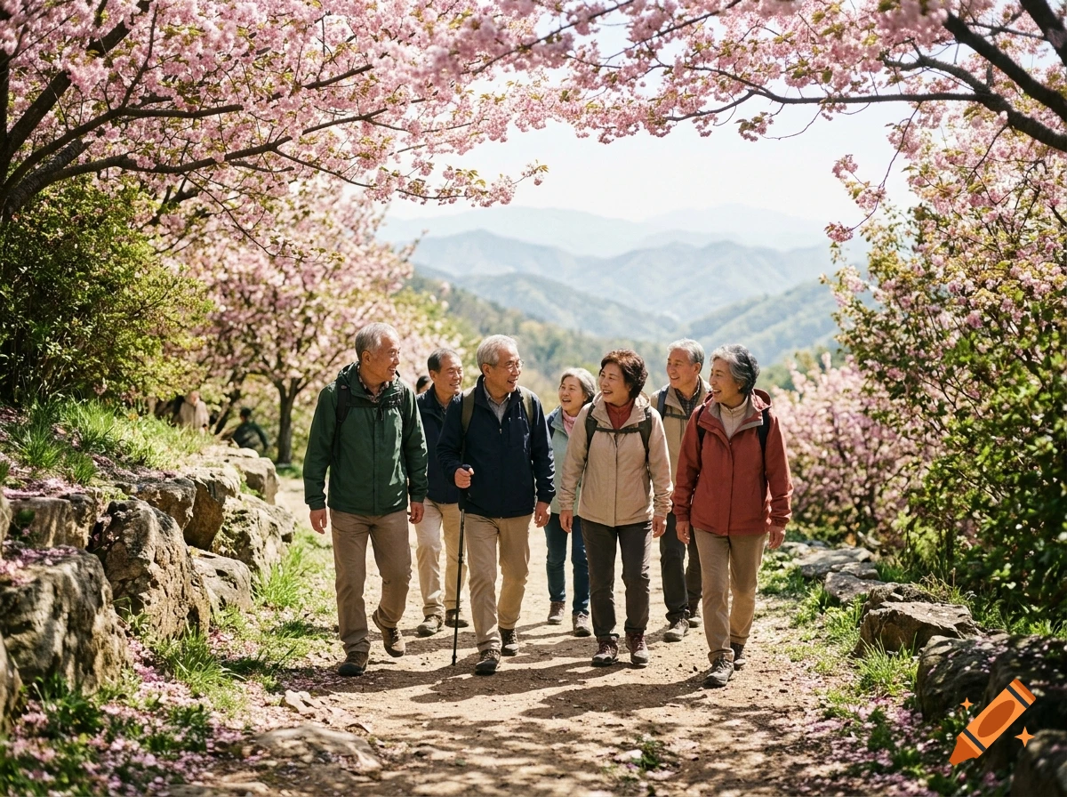 A cheerful group of elderly adults walking up a scenic mountain path under a canopy of blooming cherry blossom trees, photorealistic.
