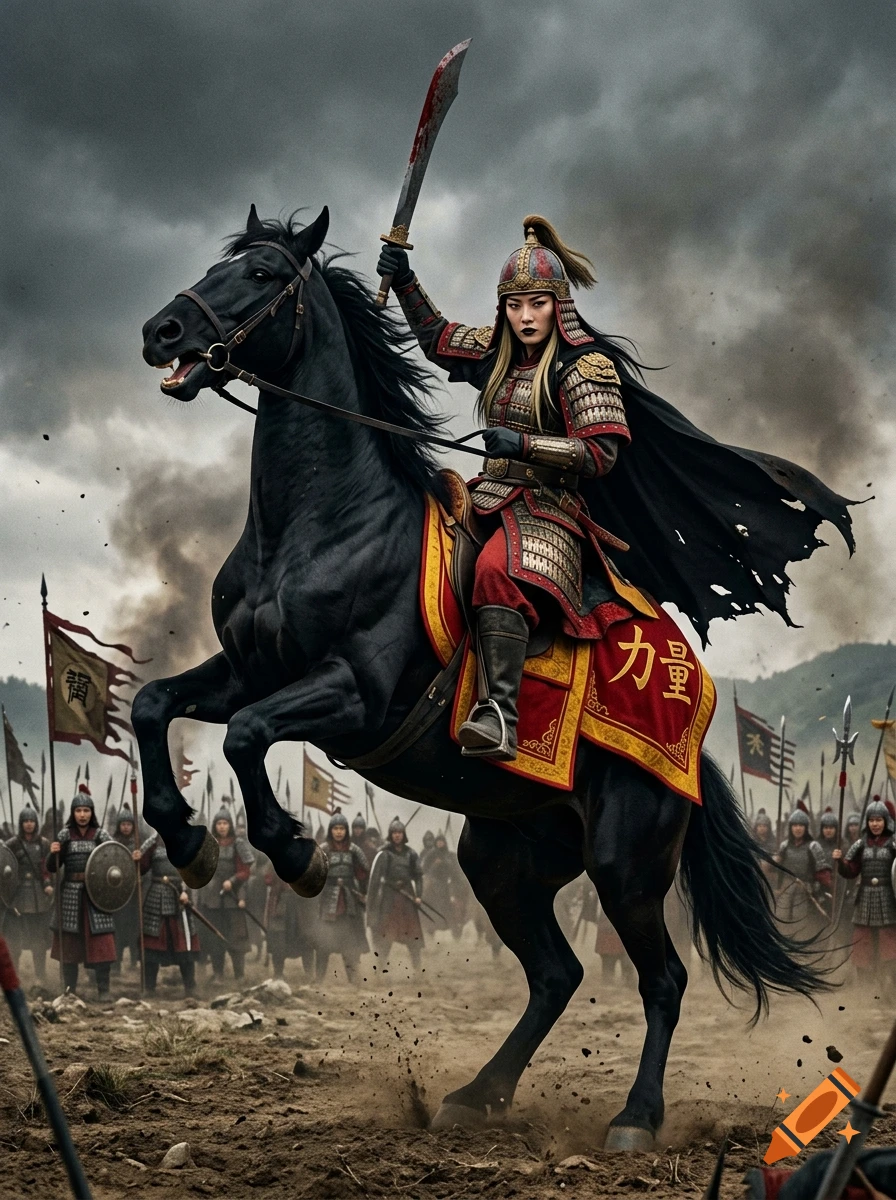 A fierce female warlord in ornate armor riding a bucking black warhorse holding a bloody sword, amidst an army under a cloudy sky.