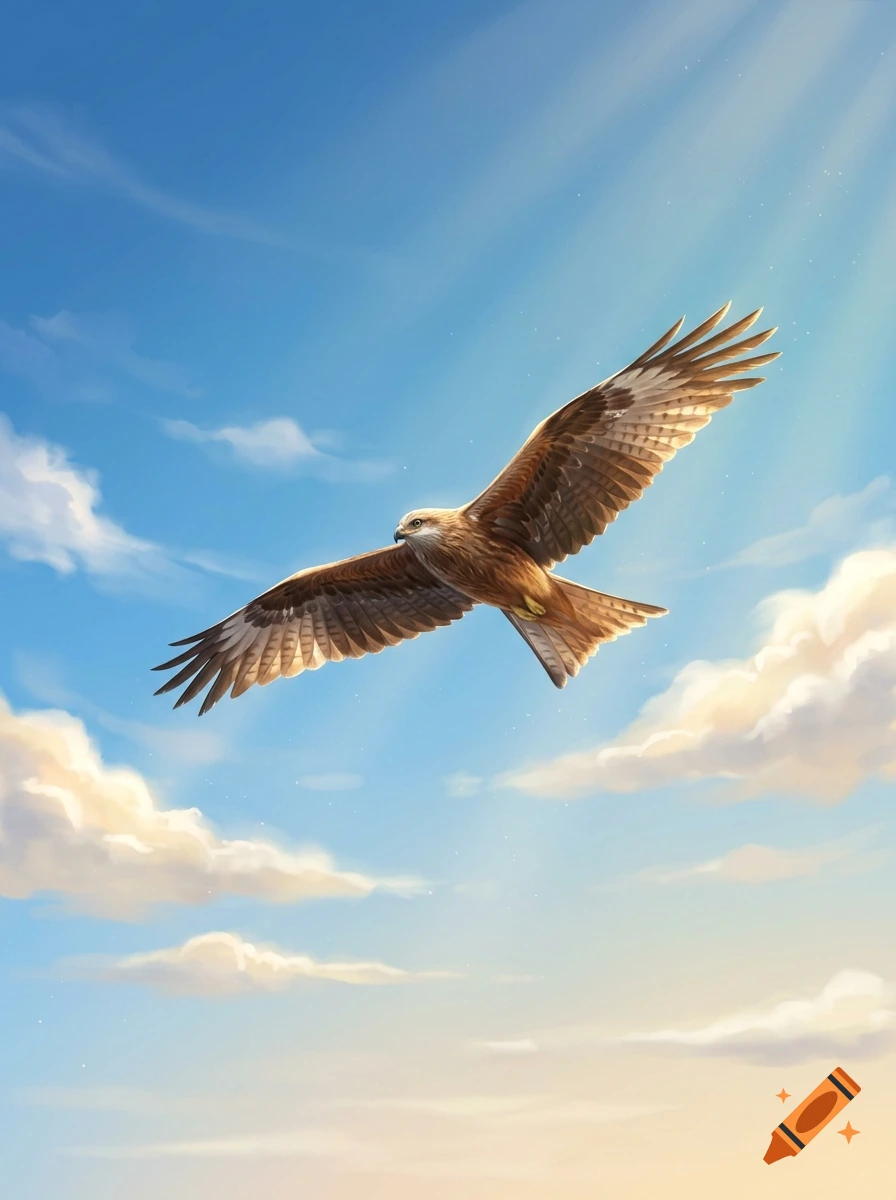 Digital illustration of a hawk soaring high in a bright blue sky with scattered clouds and sunlight.