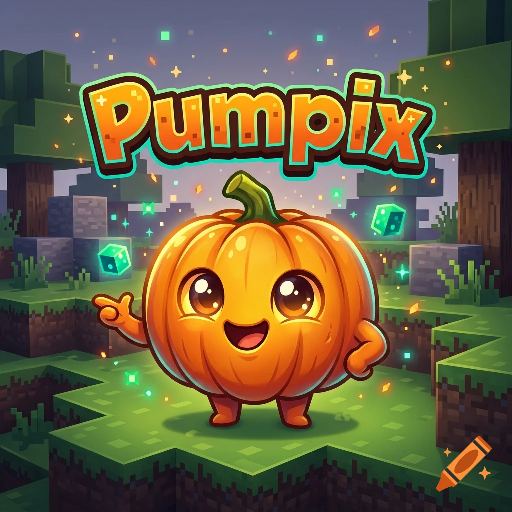 3D digital illustration of a cute cartoon pumpkin character with arms and legs in a Minecraft-style landscape, with the text 'Pumpix' above.