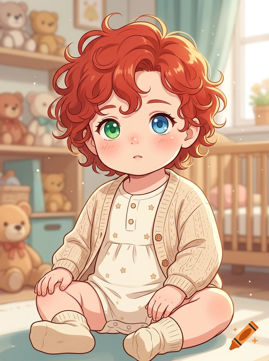 Anime style illustration of a toddler with curly red hair, heterochromated eyes, and a cream-colored cardigan sitting in a nursery.