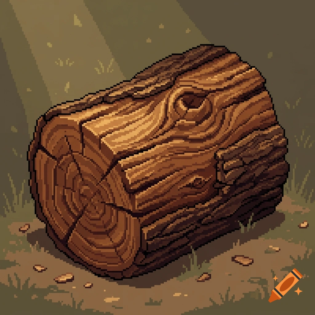 Pixel art of a large wooden log with visible rings and bark, resting on grass and dirt with soft sunlight.