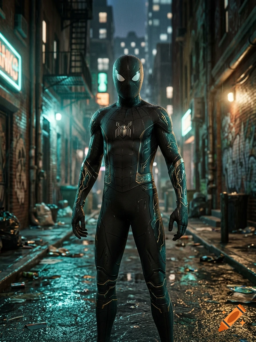 Photorealistic Spider-Man in a black suit with gold and teal highlights standing in a rainy city alleyway.
