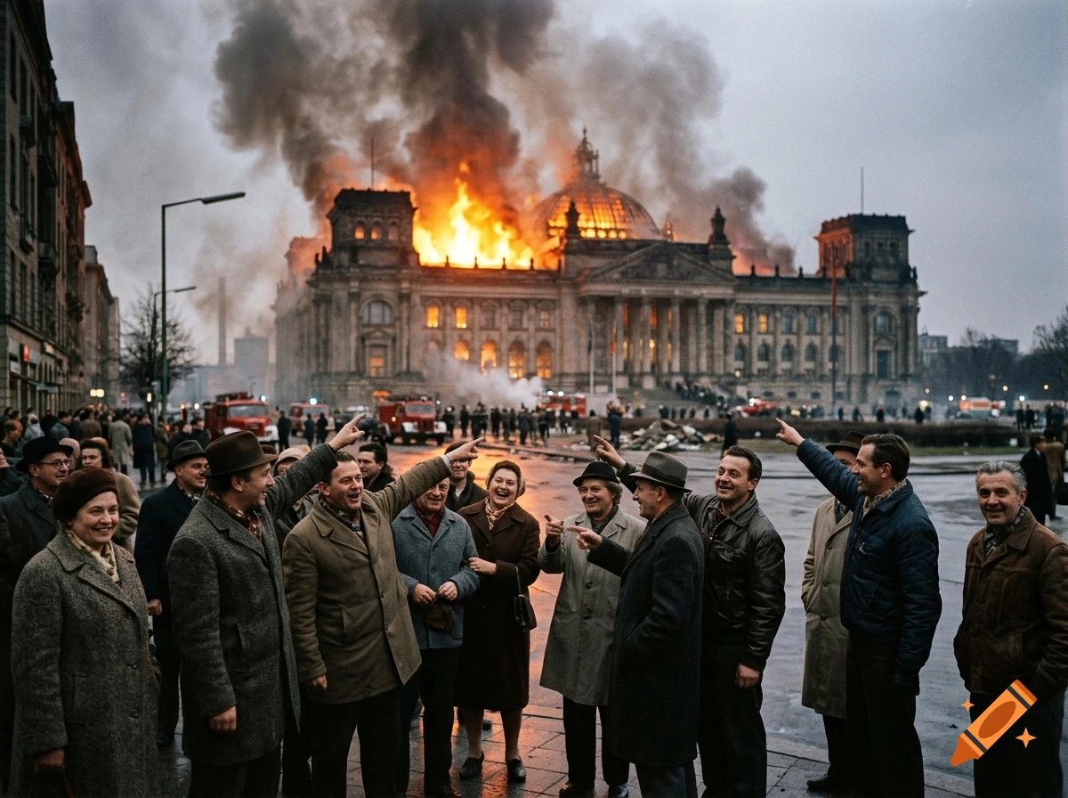 A large crowd of smiling people pointing at a burning historic building with a large dome as flames and heavy smoke pour from it.