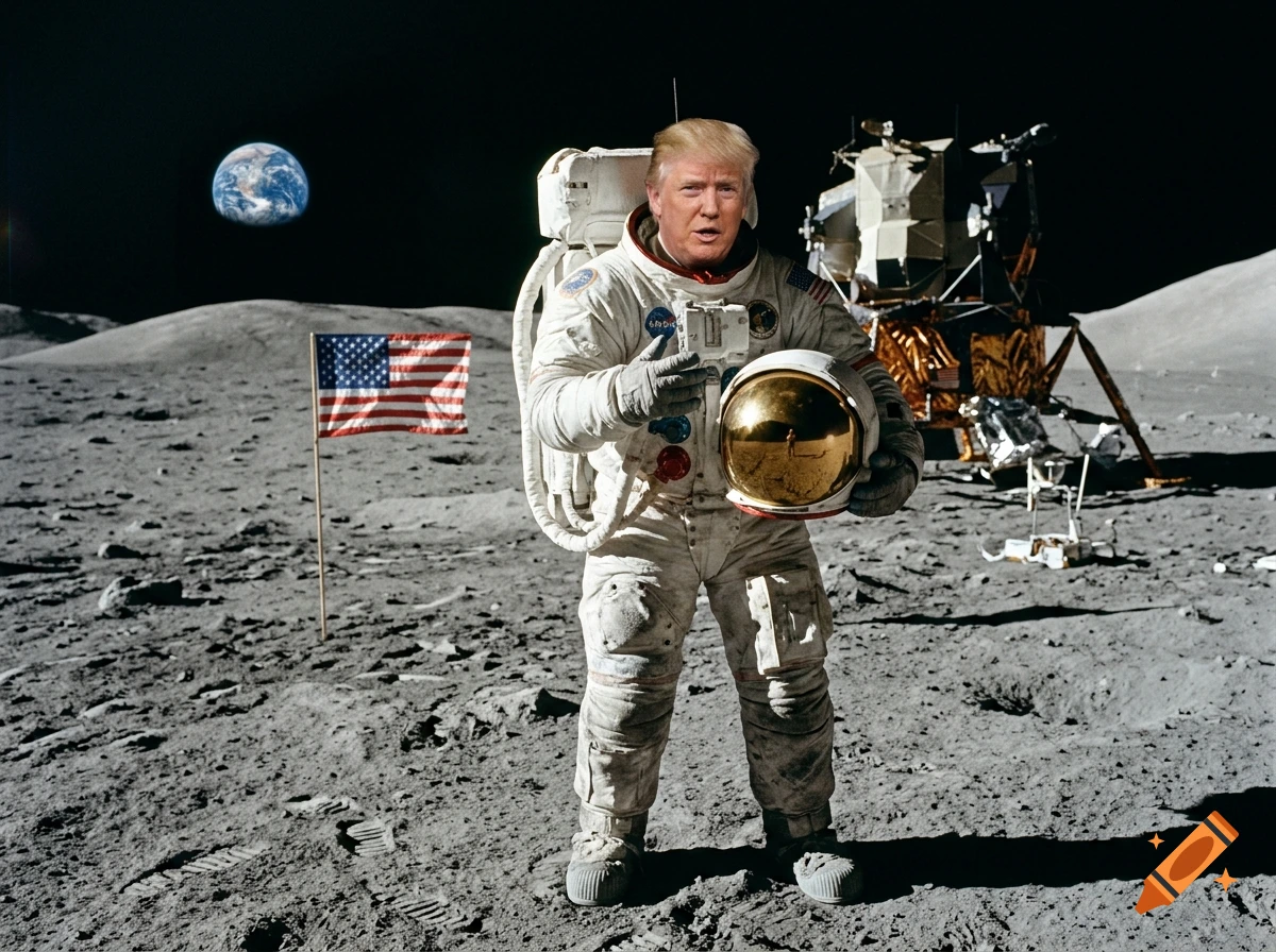 Photorealistic composite image of Donald Trump in a spacesuit standing on the moon with an American flag and Earth in the background.