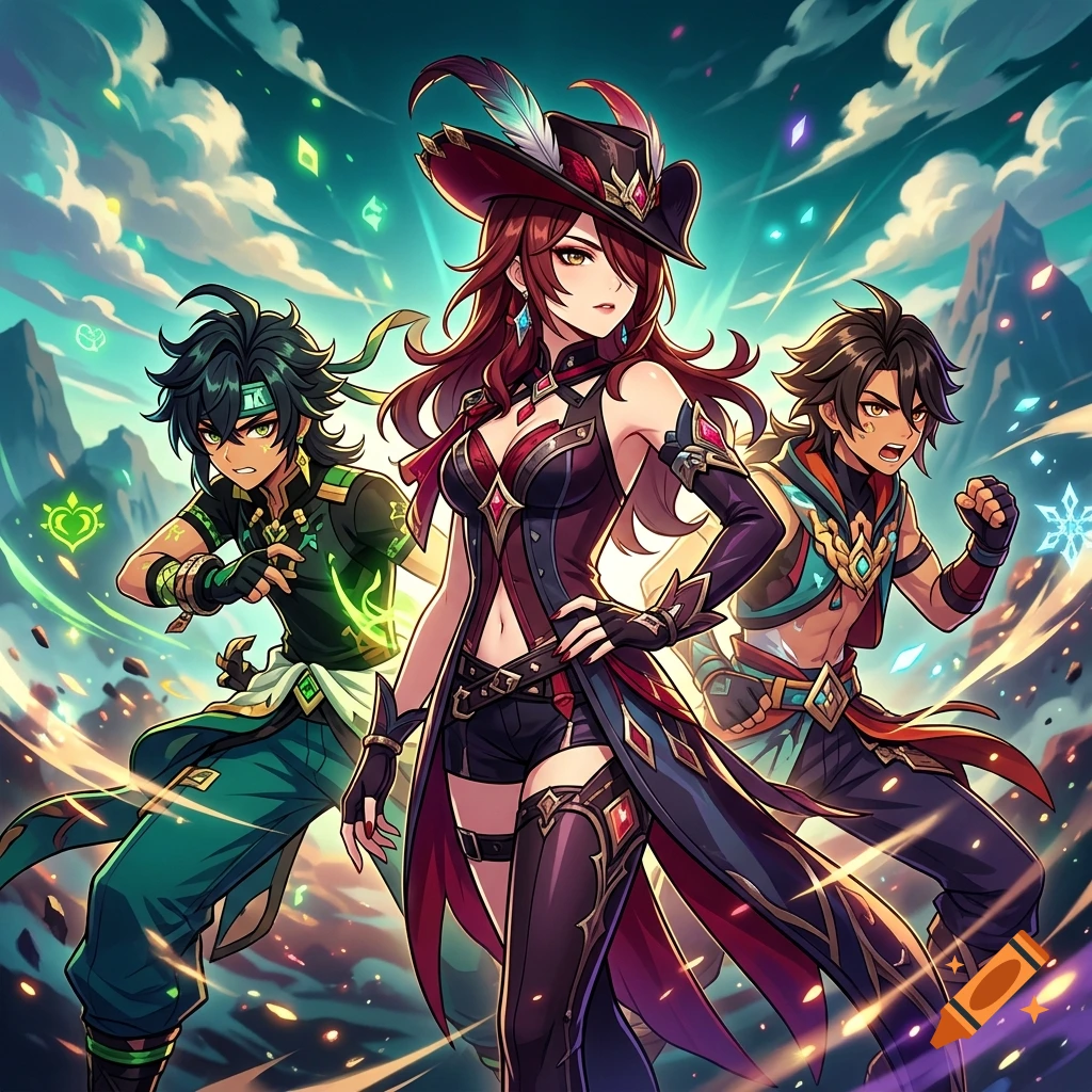 Anime-style illustration of three fantasy characters from Genshin Impact in dynamic action poses against a cloudy sky.