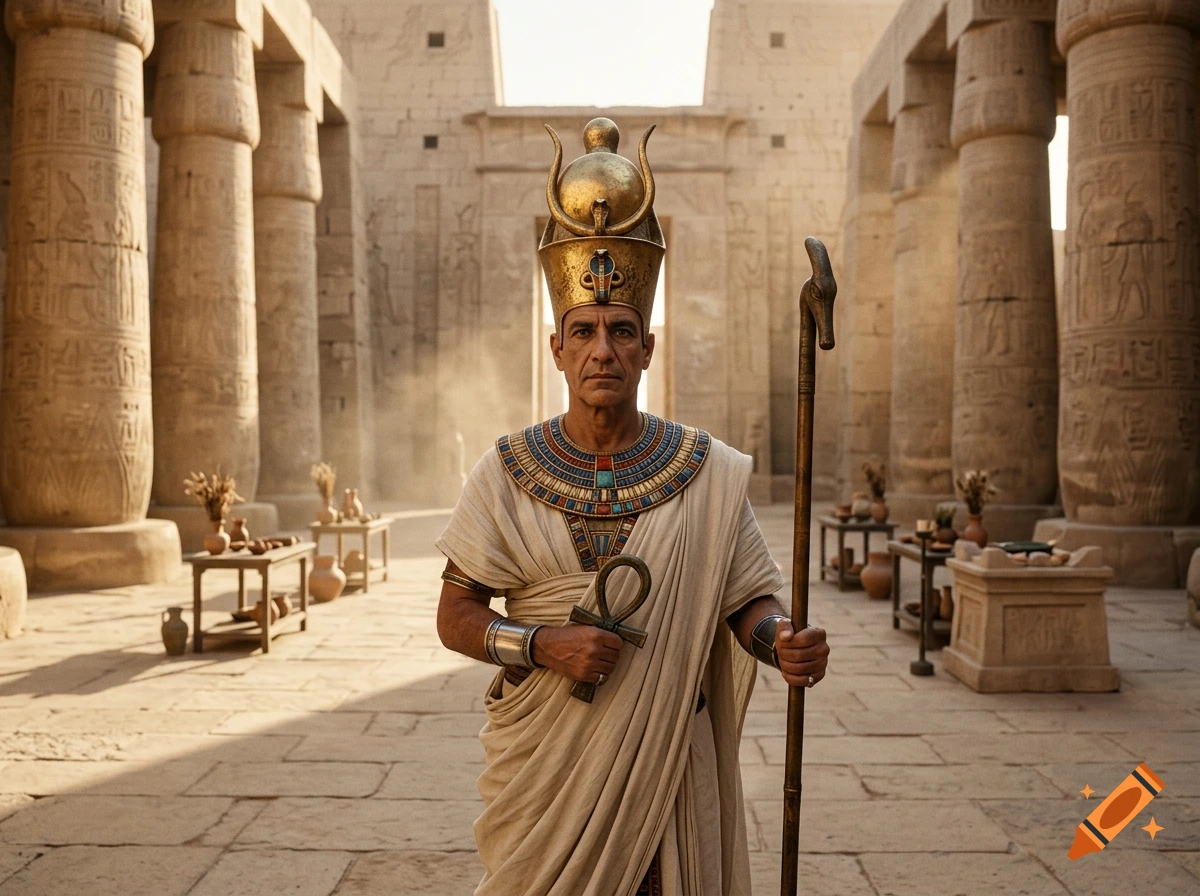 Photorealistic medium shot of an ancient Egyptian high priest holding an ankh and a staff in a grand temple hall.