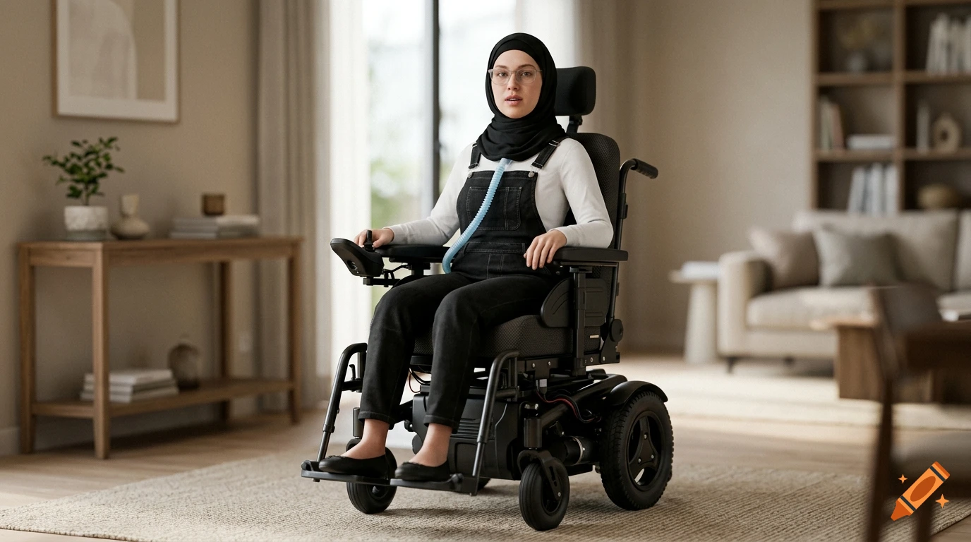A young woman wearing glasses and a hijab seated in an electric wheelchair indoors.