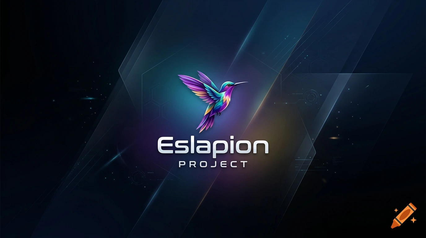Modern and elegant desktop wallpaper with a colorful hummingbird logo and the text Eslapion Project against a dark blue geometric background.