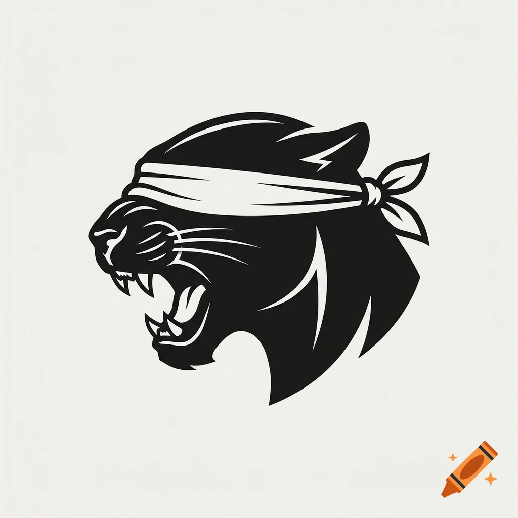 Black and white profile illustration of a roaring panther wearing a blindfold.