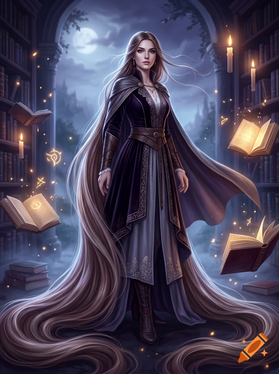 A fantasy woman with exceptionally long hair stands inside a library with floating books, glowing runes, and lit candles at night.