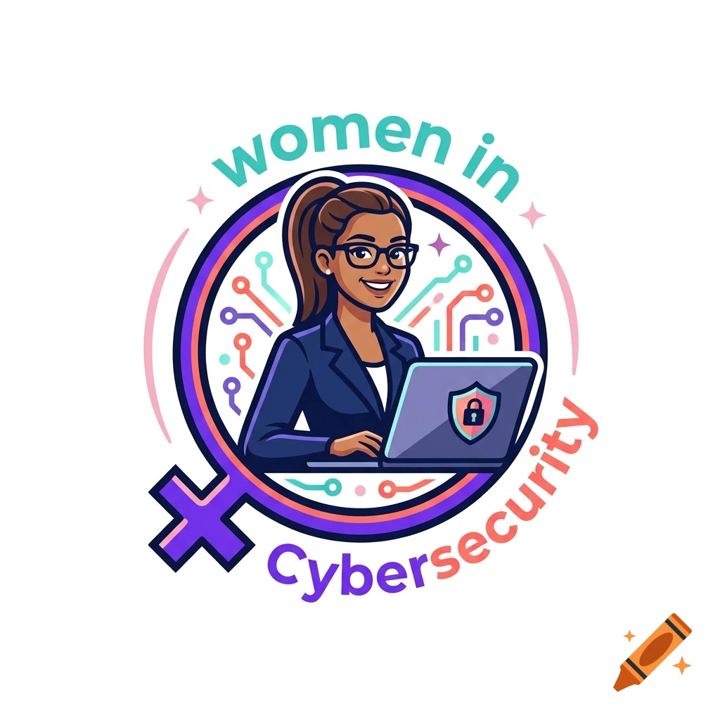 Cartoon logo of a professional woman with glasses working on a laptop surrounded by a Venus symbol and circuit board patterns.