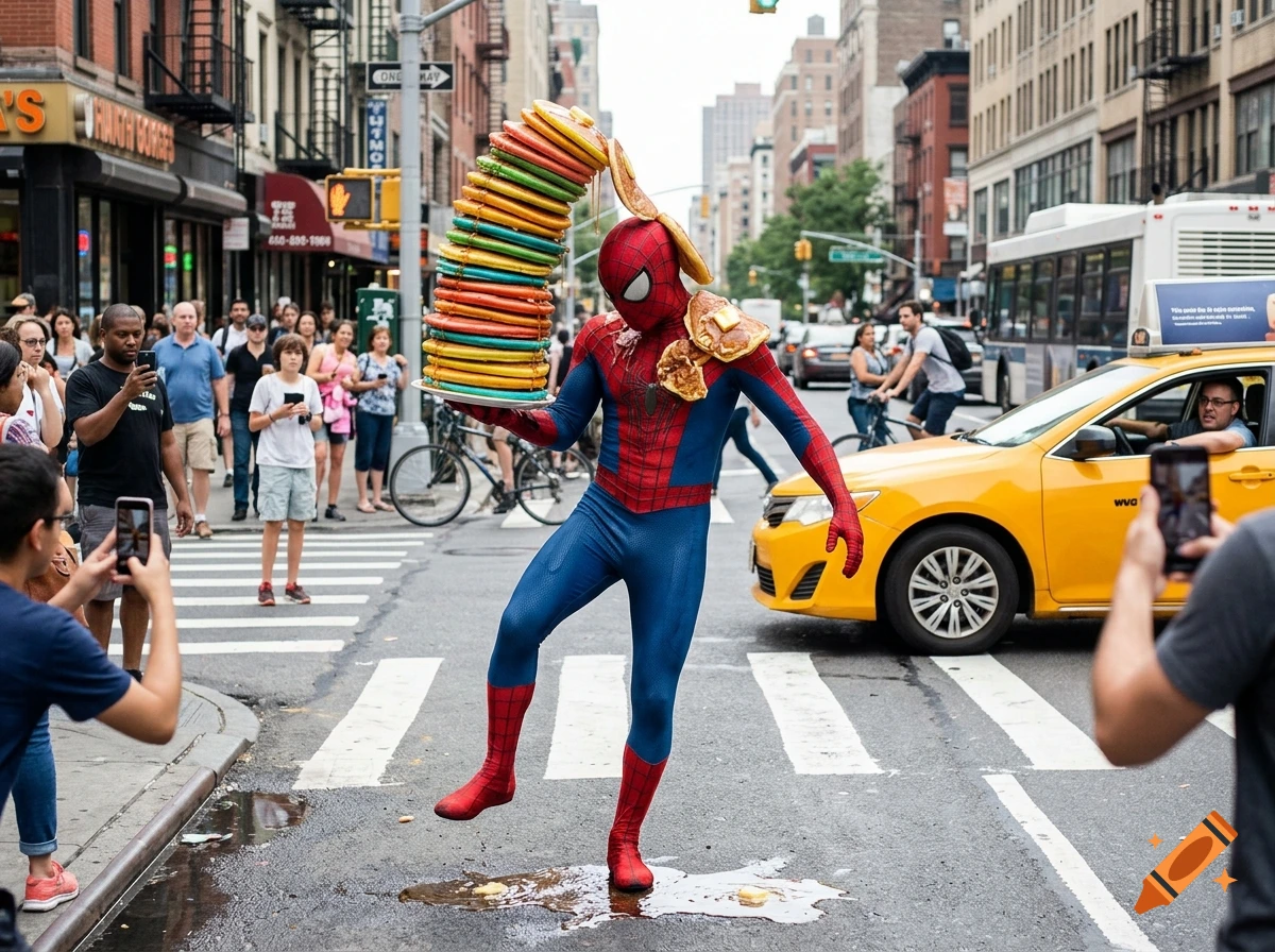 A realistic photo of Spider-Man balancing a large stack of colorful pancakes on a tray while walking across a New York City street.