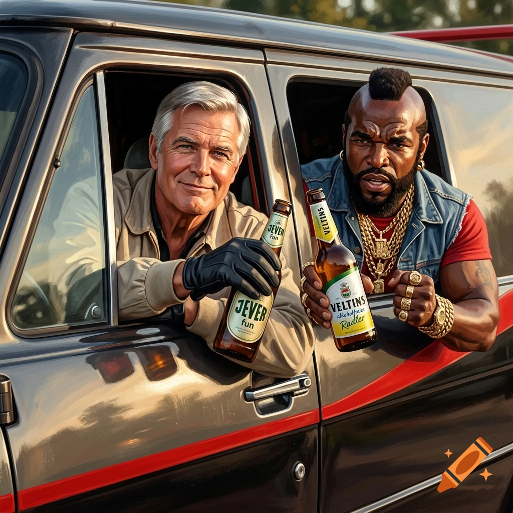 Hannibal Smith and B.A. Baracus from the A-Team holding beer bottles out of a van window, photorealistic style.