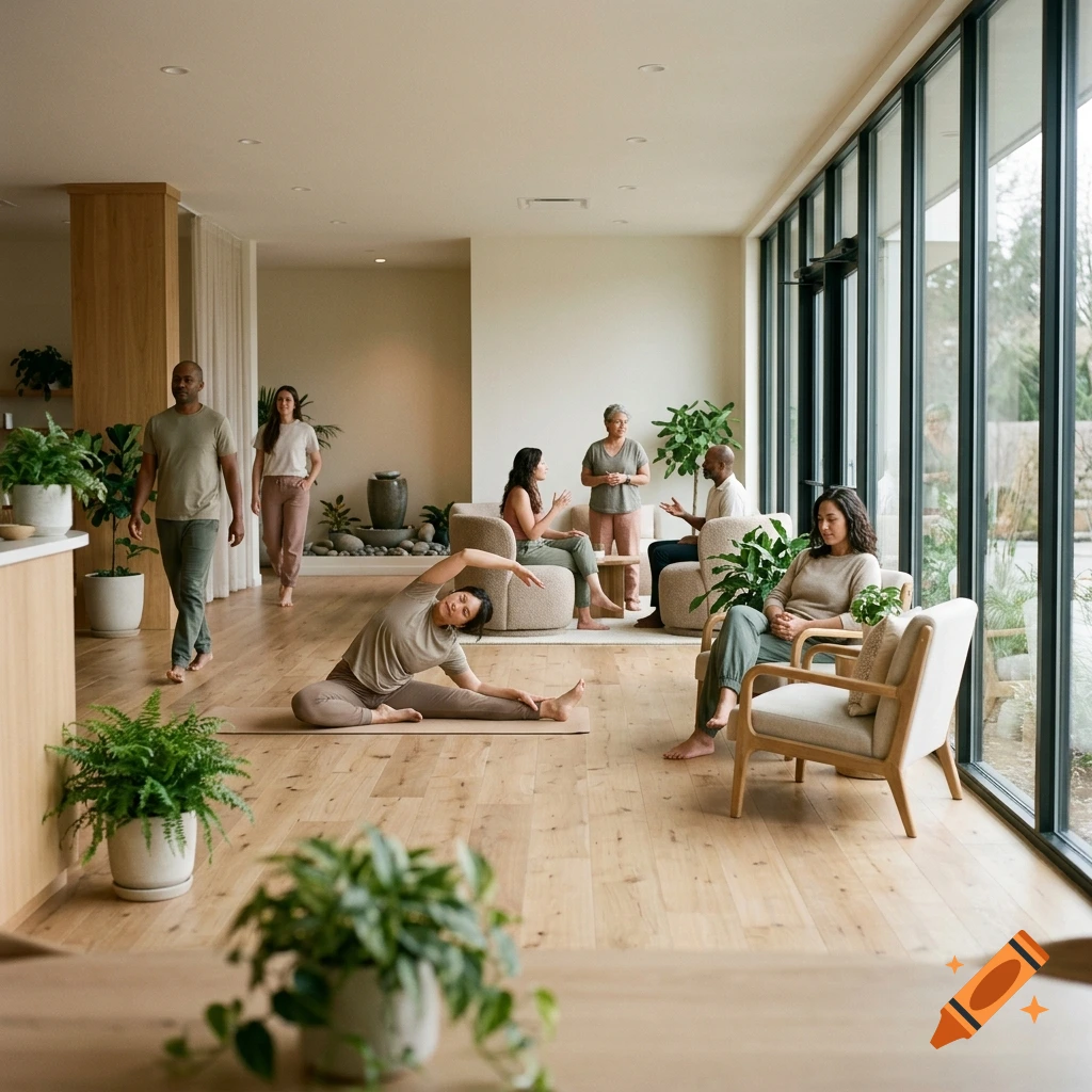 Several adults engage in wellness activities in a sunlit, modern interior space with wood flooring and large windows, featuring potted plants and comfortable seating.