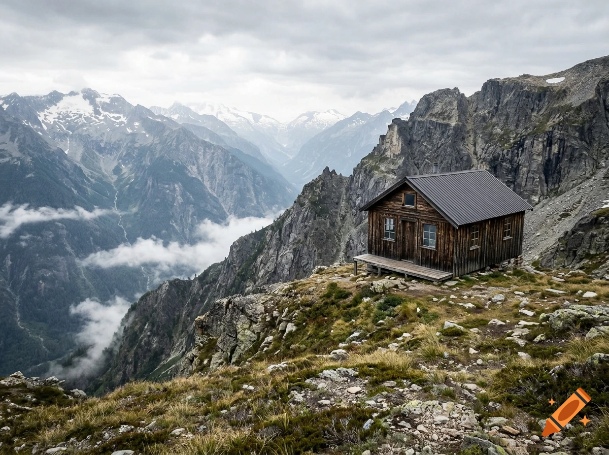 A rustic wooden cabin perched on a rocky alpine ridge overlooking dramatic, snow-dusted mountain ranges under an overcast sky.