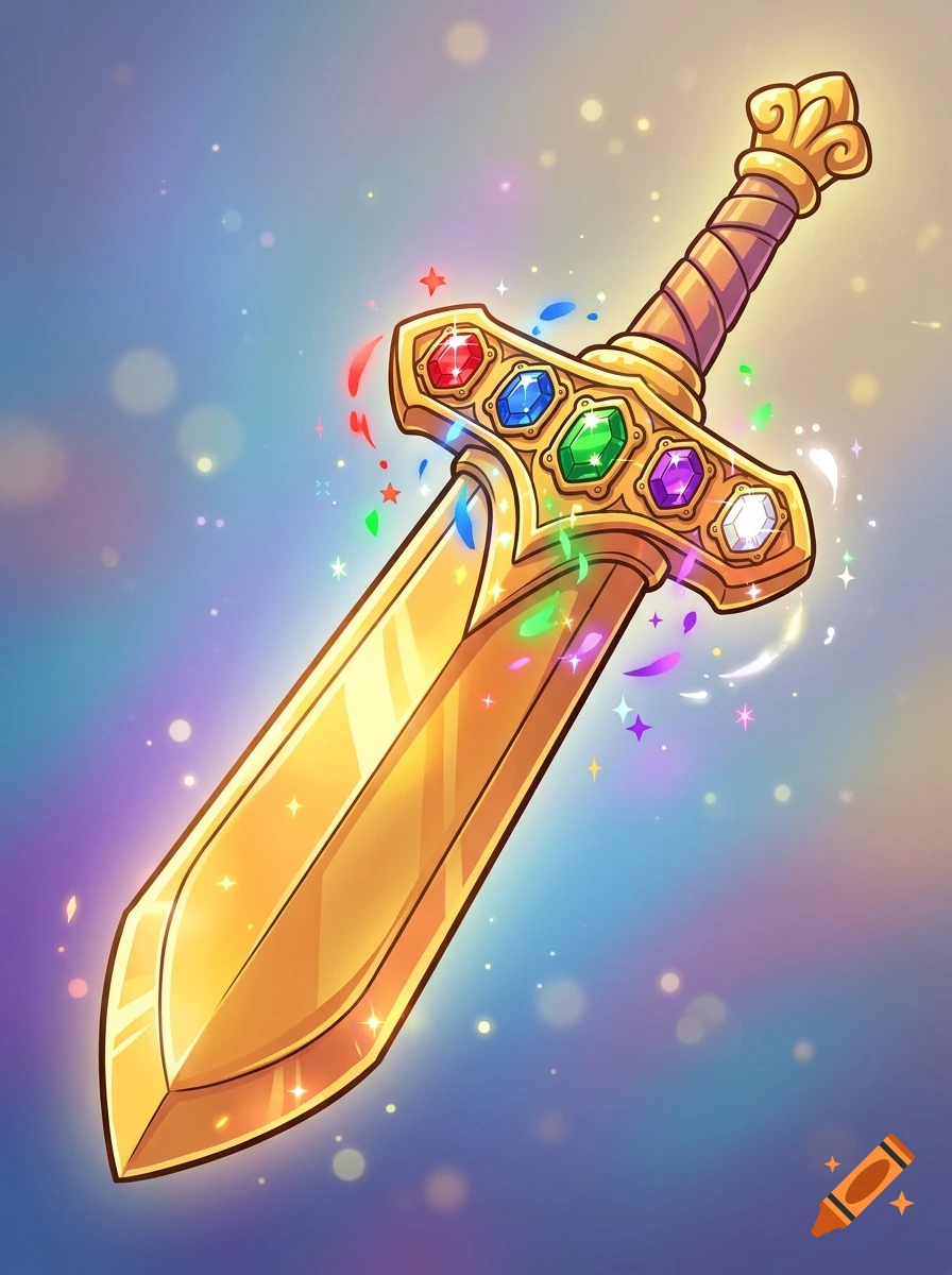 An ornate golden sword embedded with colorful glowing gems surrounded by magical sparkles against a softly blurred background.