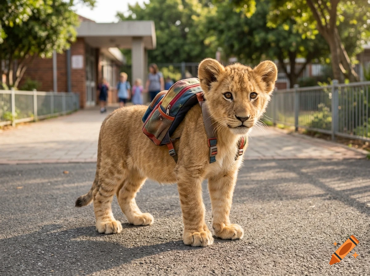 Photorealistic image of a cute lion cub wearing a colorful school backpack, standing on a paved walkway in front of a school.