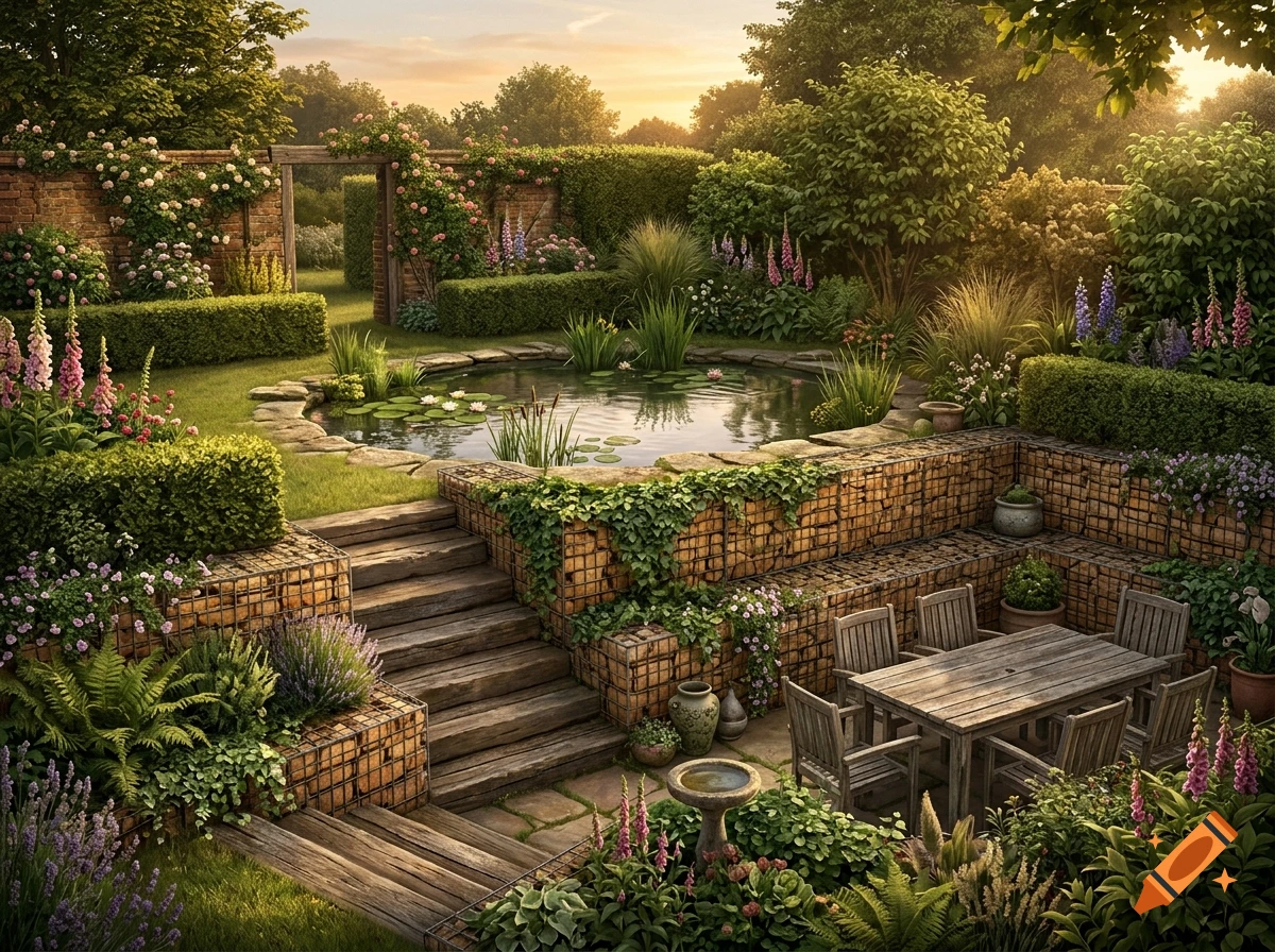 Photorealistic English country sunken garden with stone gabion retaining walls, wooden dining furniture, and an ornamental pond.