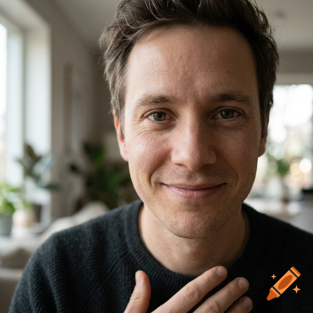 A close-up portrait of a smiling man with short brown hair, wearing a dark sweater indoors.