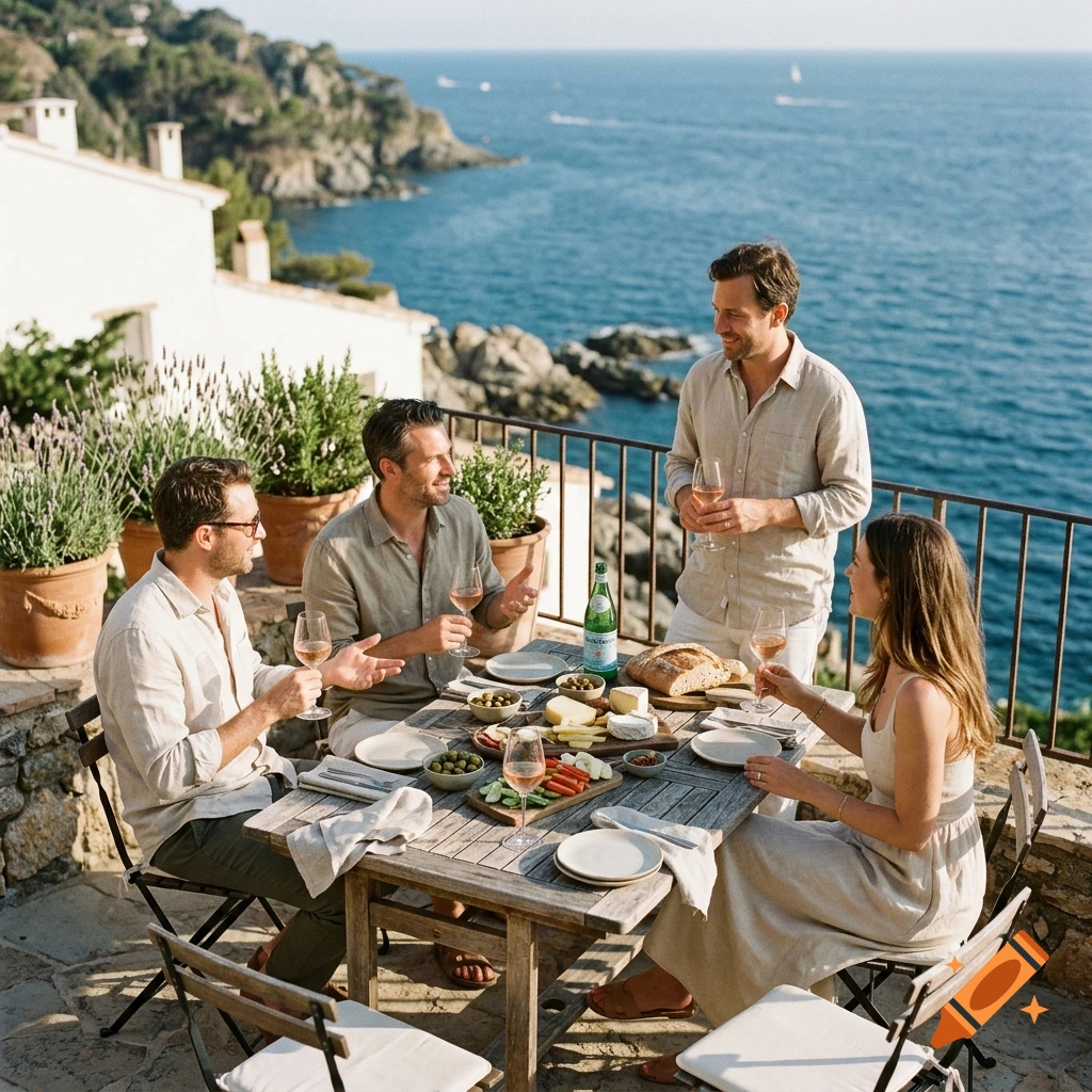 Photorealistic scene of four friends having aperitif with wine and food on a balcony overlooking the sea on the Côte d'Azur.