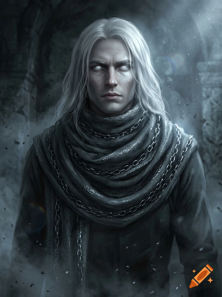 Portrait of a man with long white hair, completely white eyes, and a grey scarf wrapped with chains, in a dark fantasy setting, digital art.