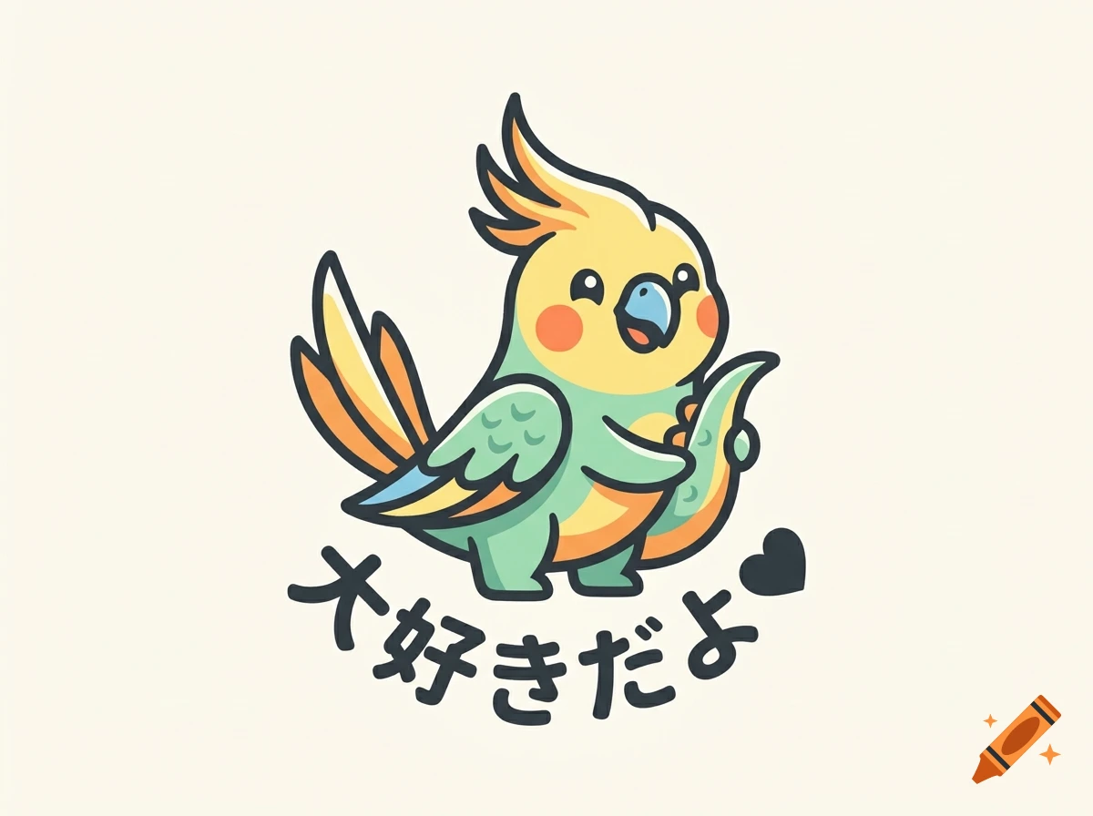 Cute digital illustration of a hybrid cockatiel dinosaur character with Japanese text underneath.