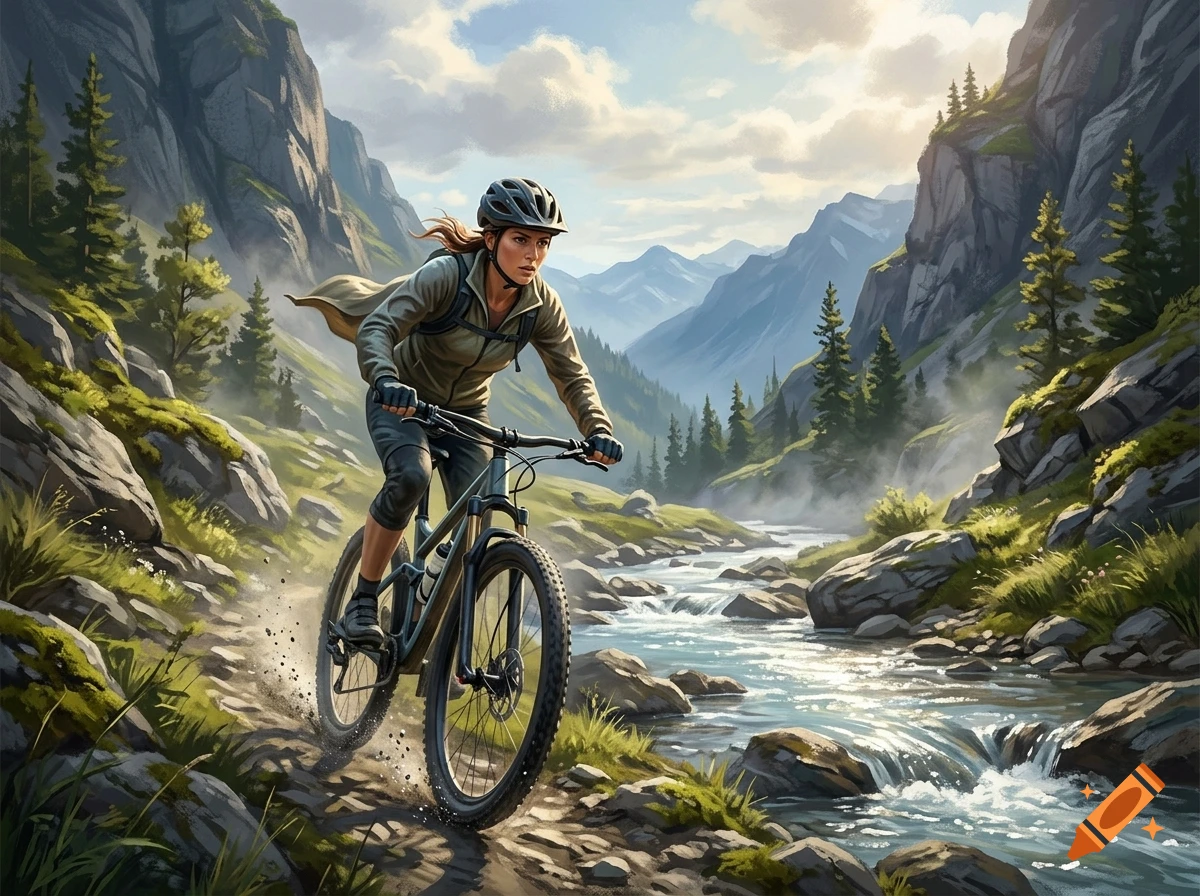 Digital illustration of a woman riding a mountain bike along a rocky stream in a mountain valley.
