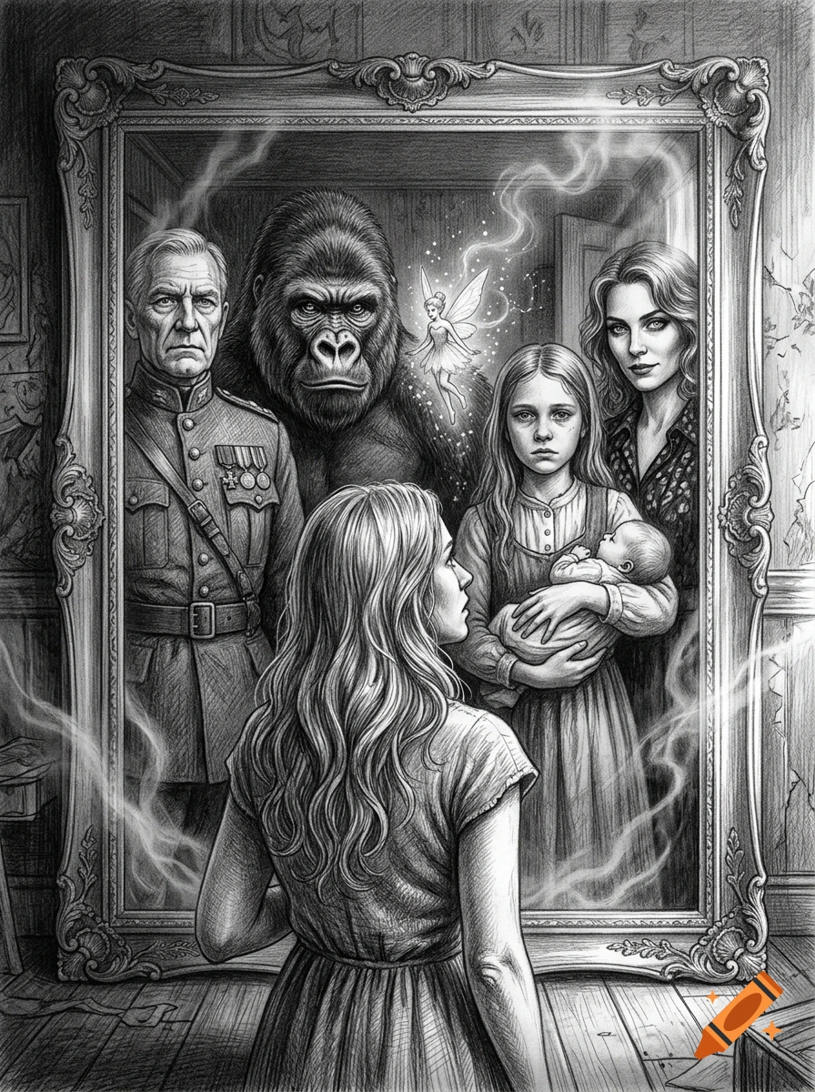 Pencil sketch of a woman looking into a mirror where reflections of various people, a gorilla, and a fairy stare back.