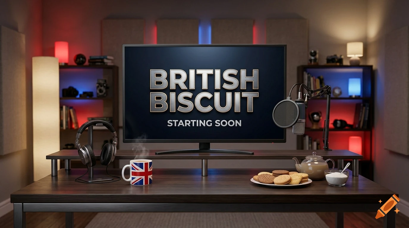 A photorealistic YouTube stream starting soon screen for British Biscuit, featuring a desk with a microphone, headphones, tea, and biscuits.