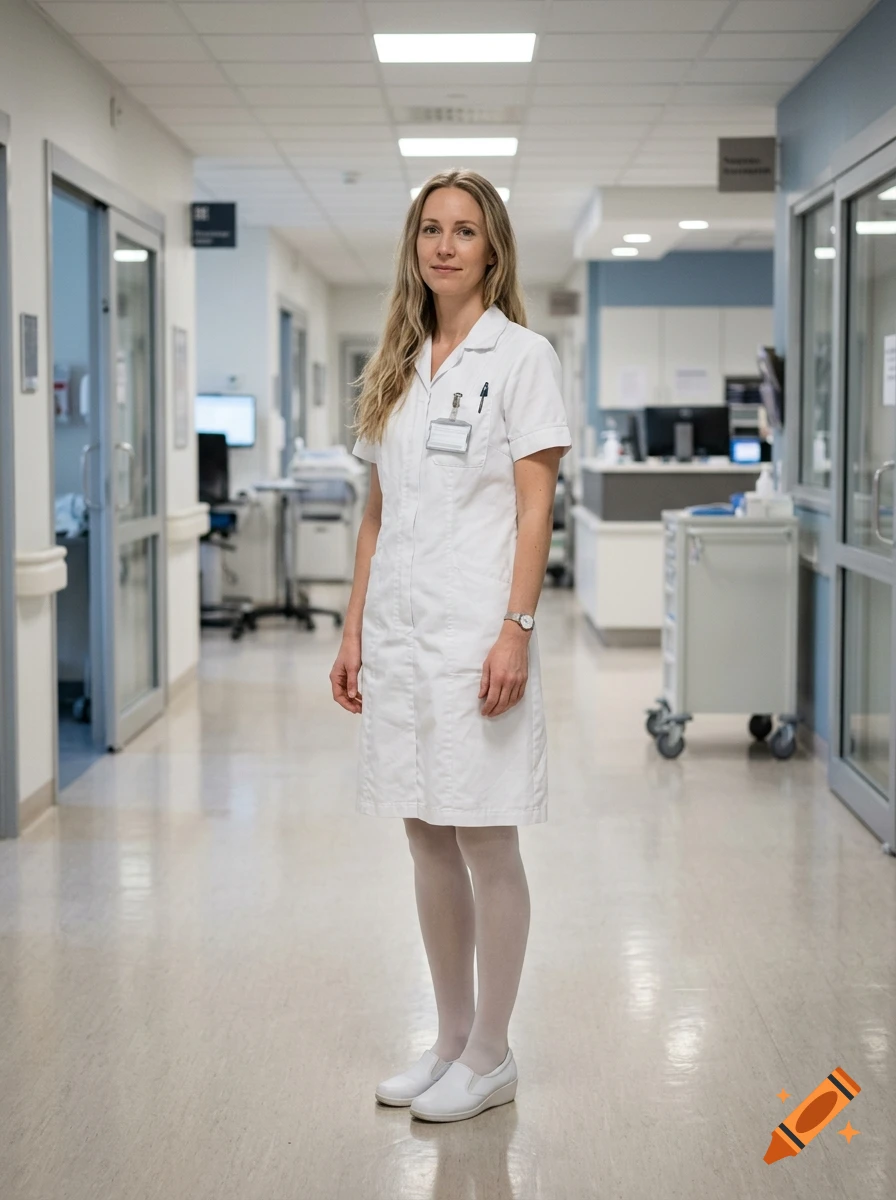 Full-body shot of a female nurse in a white uniform standing in a hospital corridor.