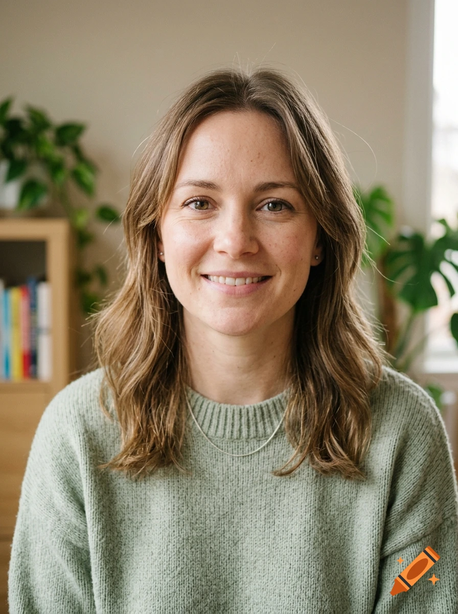 Photorealistic portrait of a smiling woman with medium brown hair wearing a green sweater.