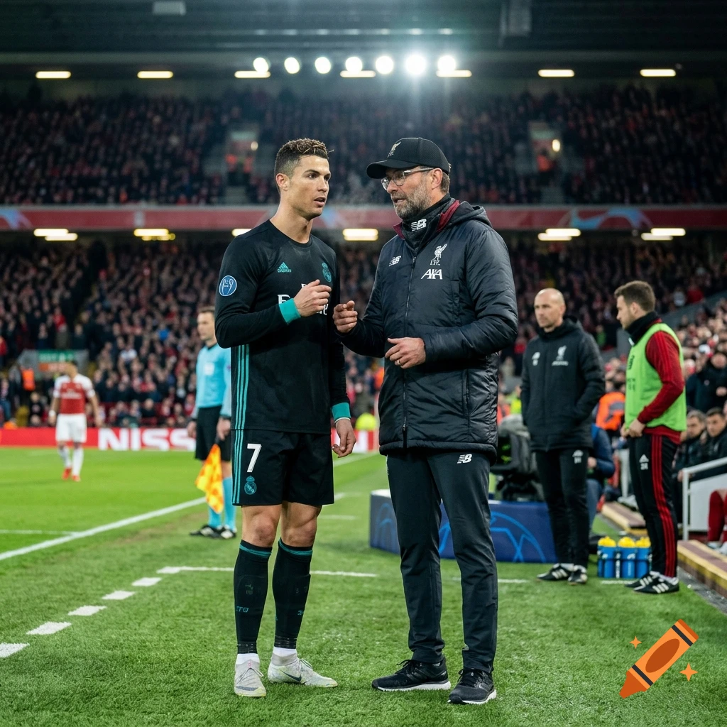 Photorealistic image of soccer player Cristiano Ronaldo talking with manager Jürgen Klopp on the pitch of a stadium.